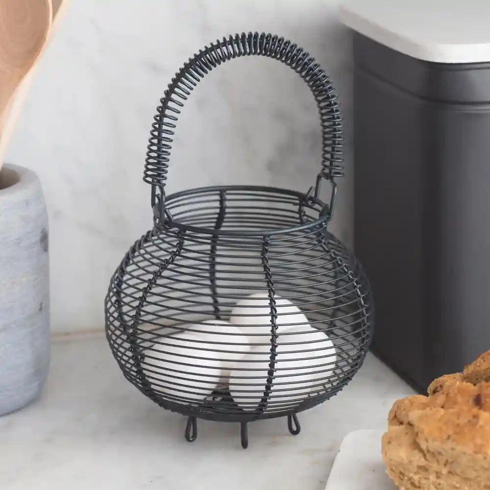 Small Round Wire Egg Basket with eggs in Carbon Grey