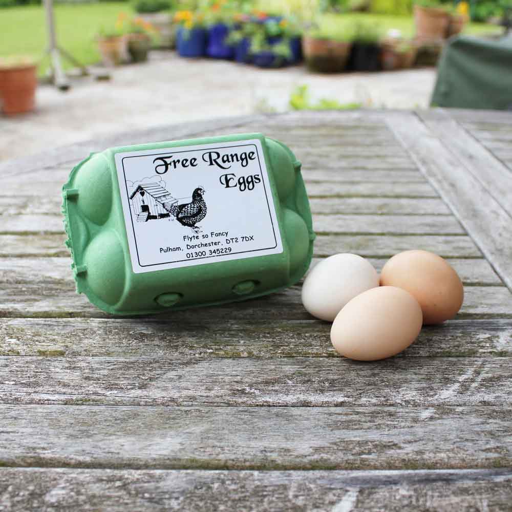 White Free Range Eggs Label with henhouse on egg box
