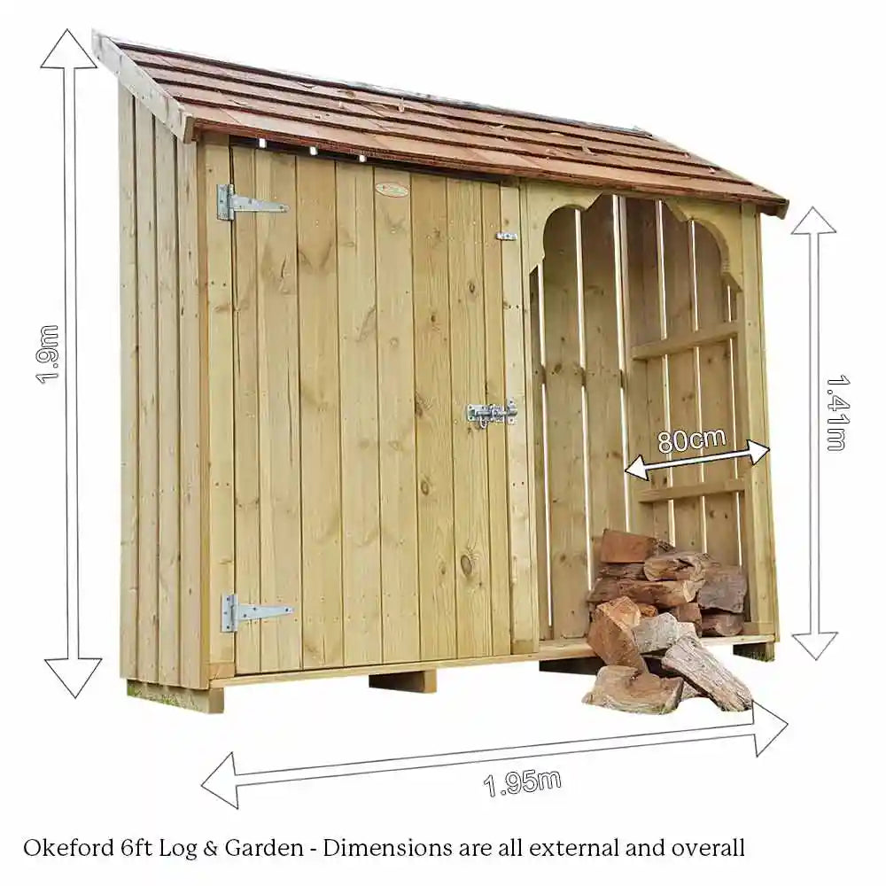 Okeford Garden & Log Store with Cedar Shingle Roof - 6ft wide