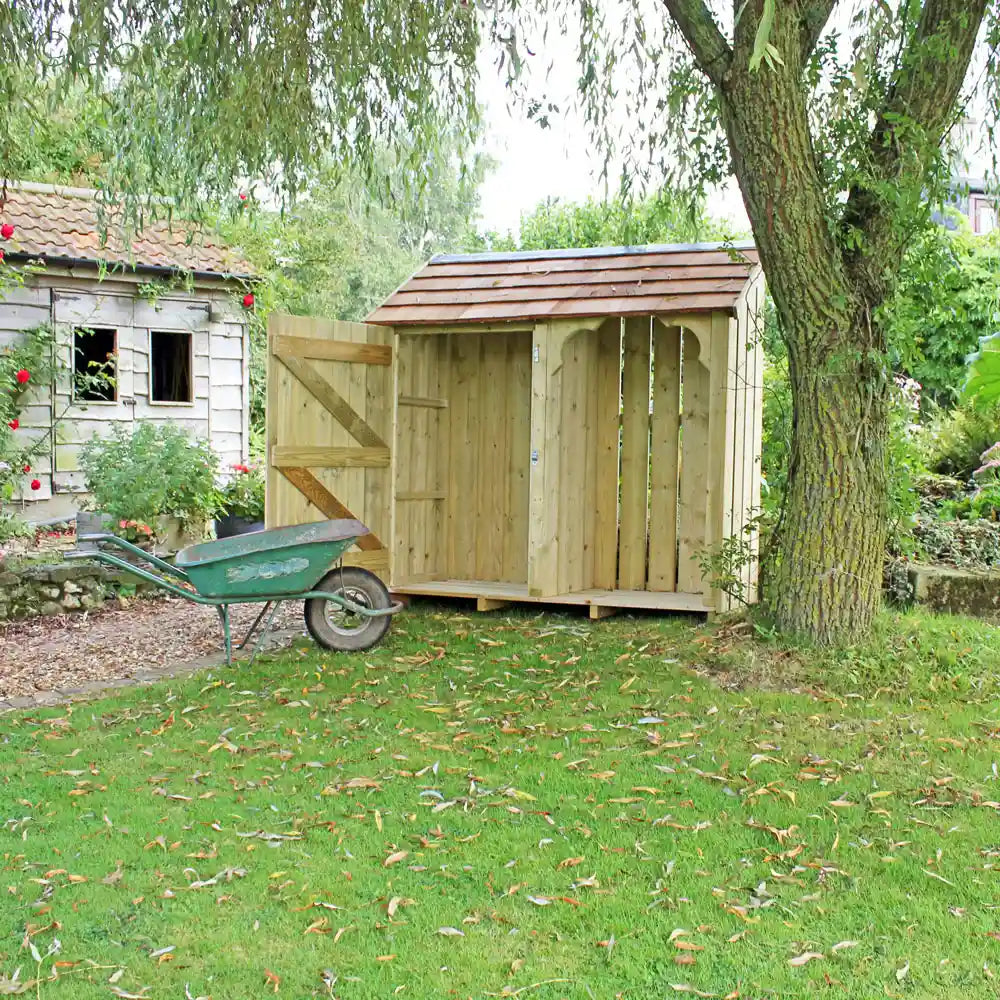 Okeford Garden & Log Store with Cedar Shingle Roof, open