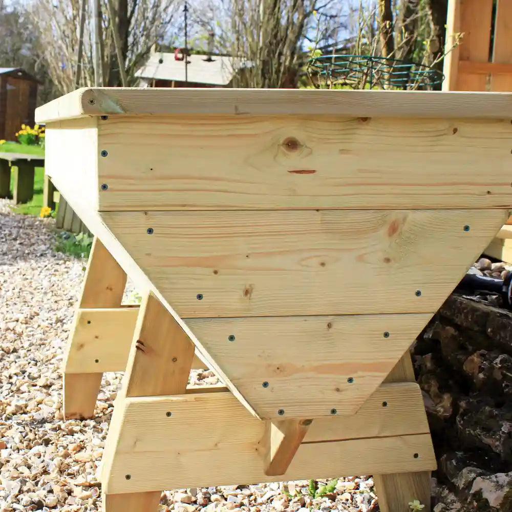 End of Raised V-Shaped Wooden Garden Planter Trough