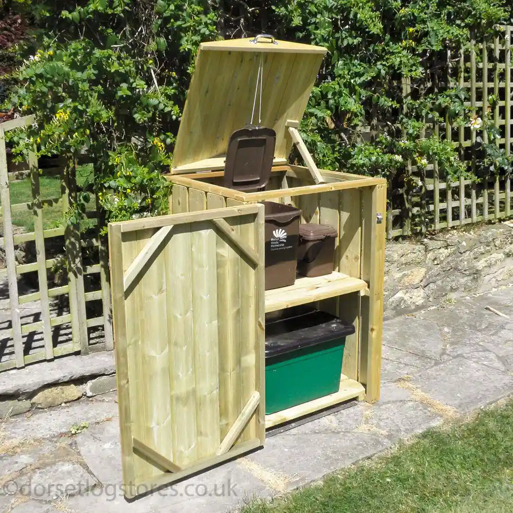 Wooden Recycling Bin Store, doors open