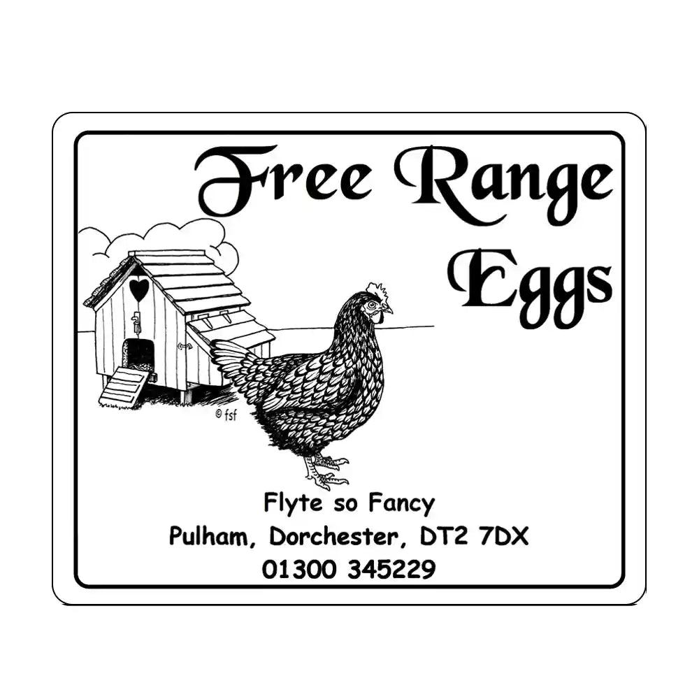 White Free Range Eggs Label with henhouse
