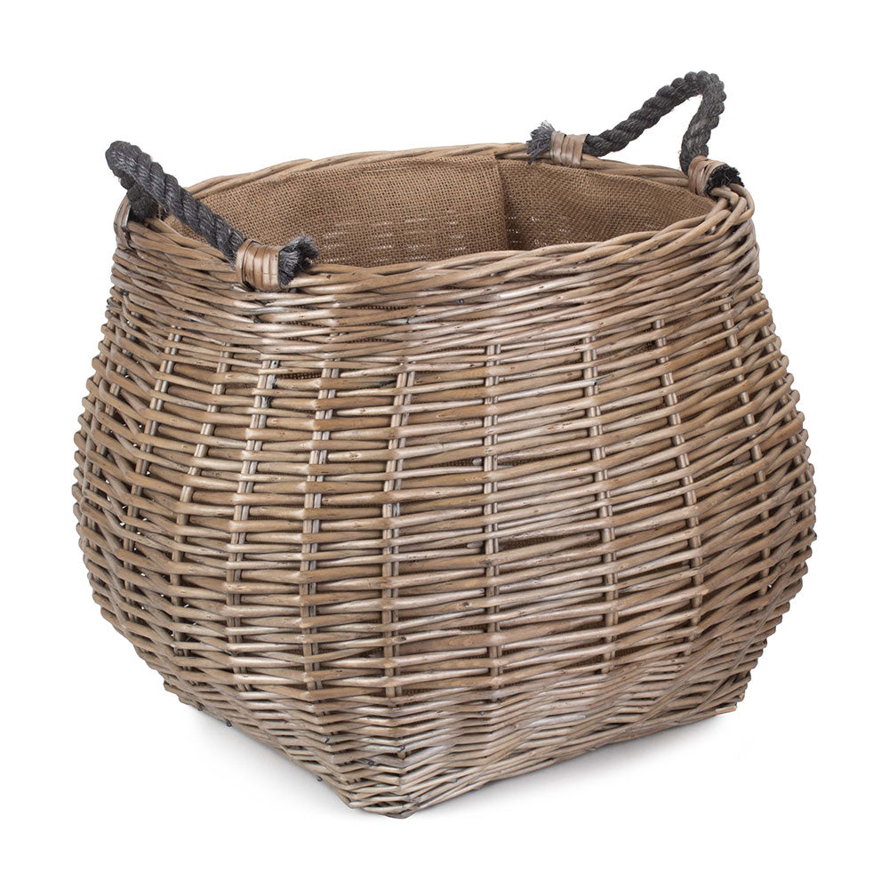 Curved Antique-Wash Hessian Lined Log Basket