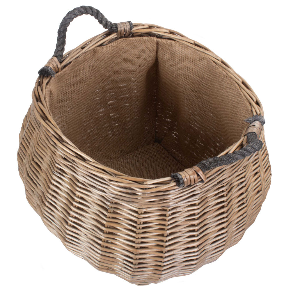 Top view Curved Antique-Wash Hessian Lined Log Basket