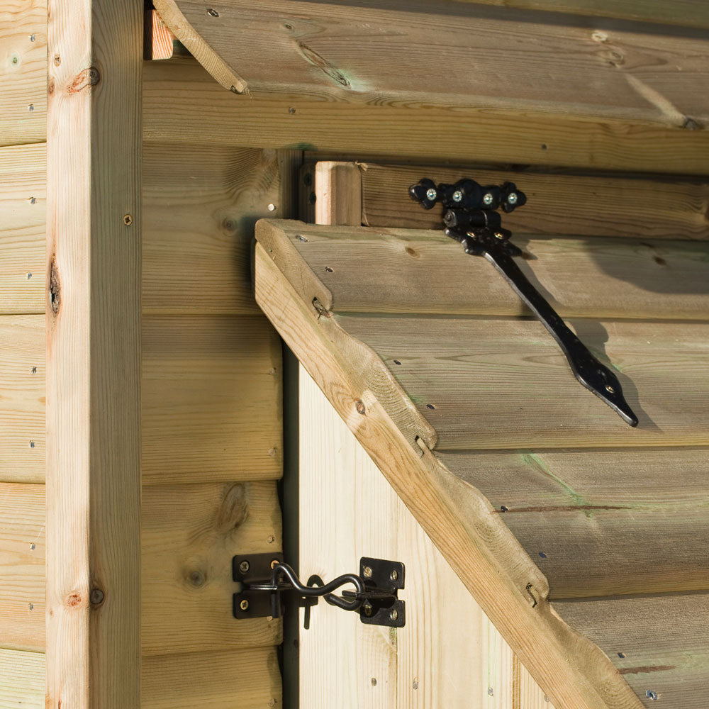 Hinge and cabin hook of nest box in black ornate