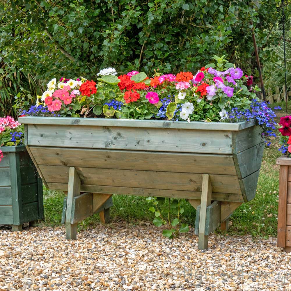 Raised V-Shaped Wooden Garden Planter Trough (planted)