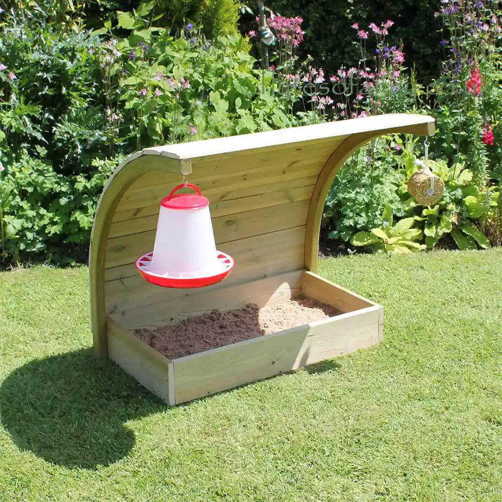 Curved Chicken Dustbath with hanging feeder