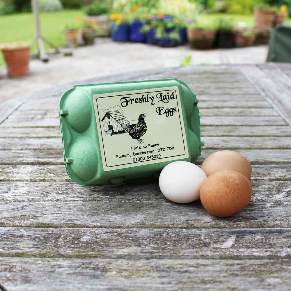 Cream Freshly Laid Eggs Label with henhouse, on egg bo