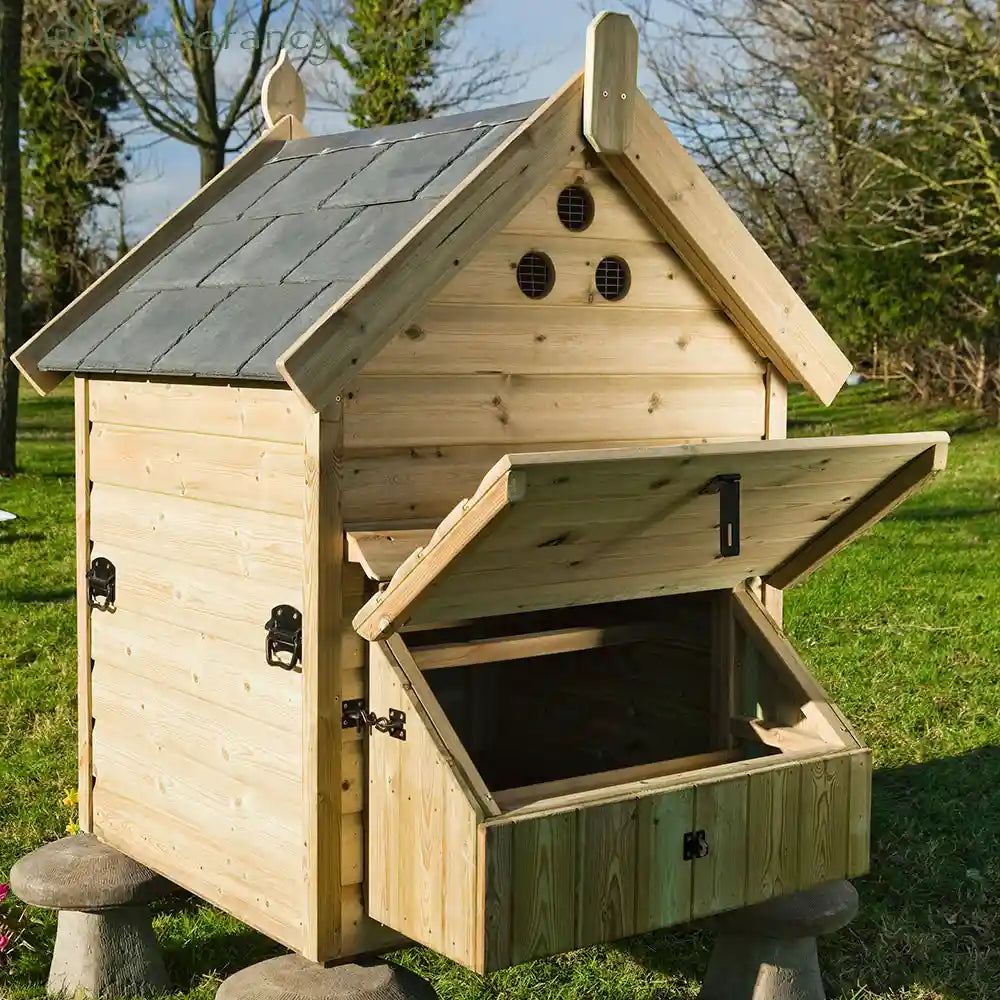 Nest Box at rear of Granary 8 Hen House, open