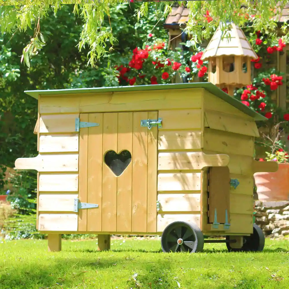 Handy 10 Hen House with wheels surrounded by roses