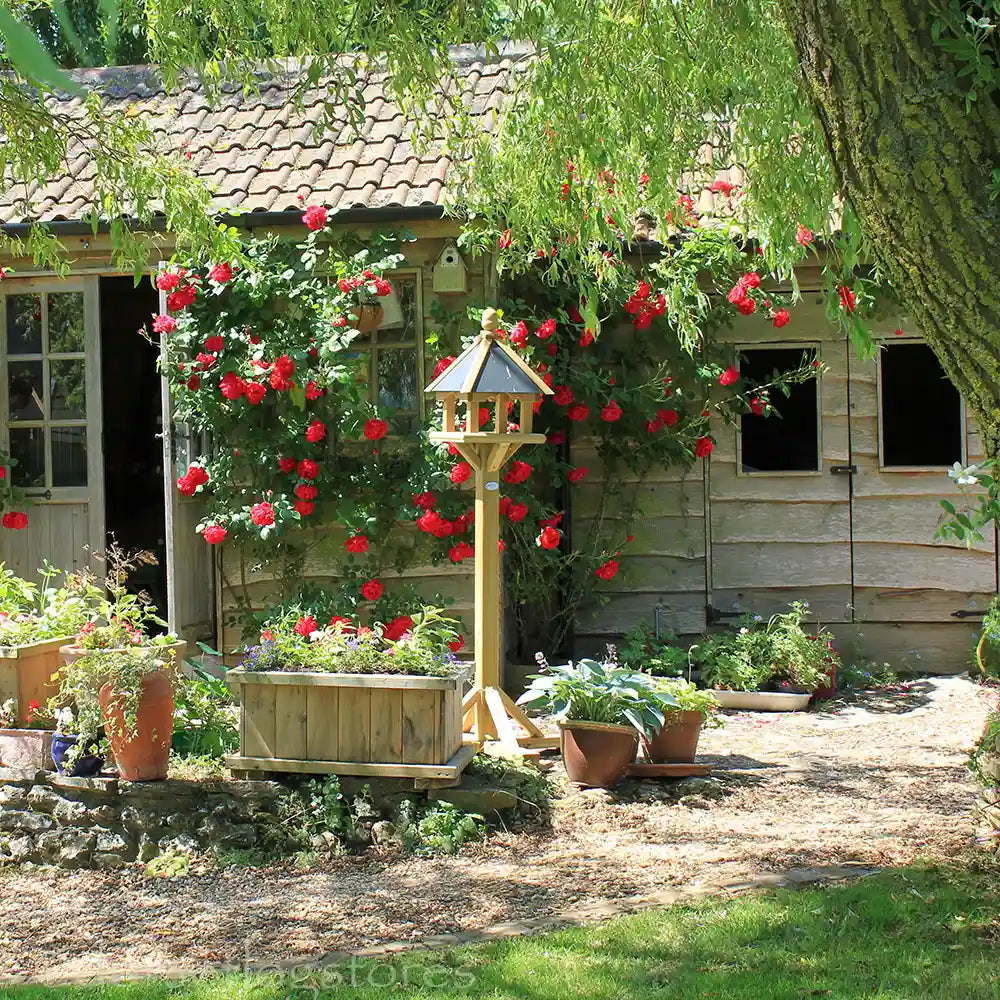 The Henley Bird Table in a rose garden