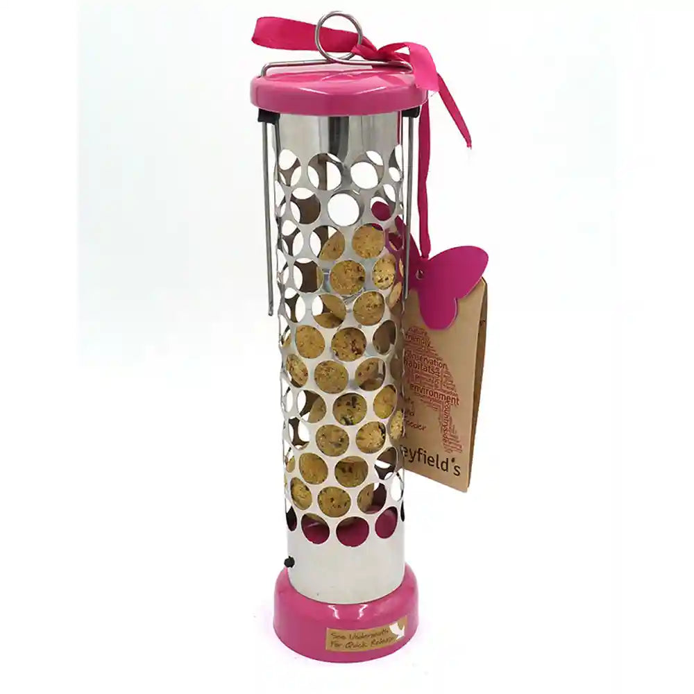 Pink Metal Fat Ball Feeder with fat balls