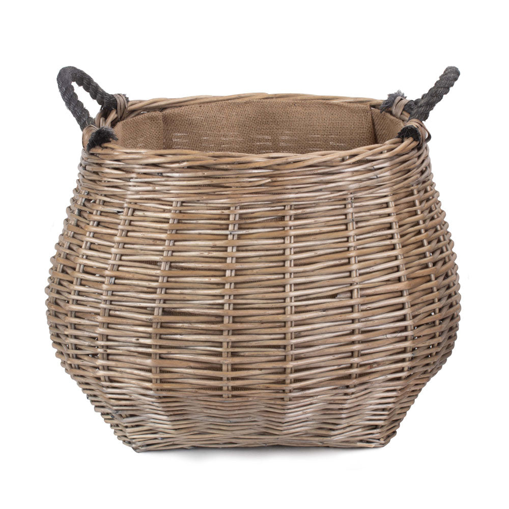 Side view Curved Antique-Wash Hessian Lined Log Basket