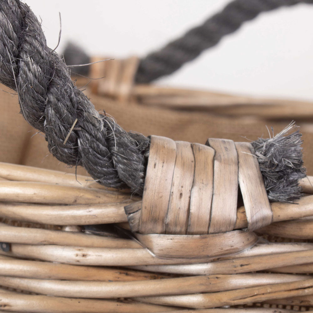Detail of handle Curved Antique-Wash Hessian Lined Log Basket