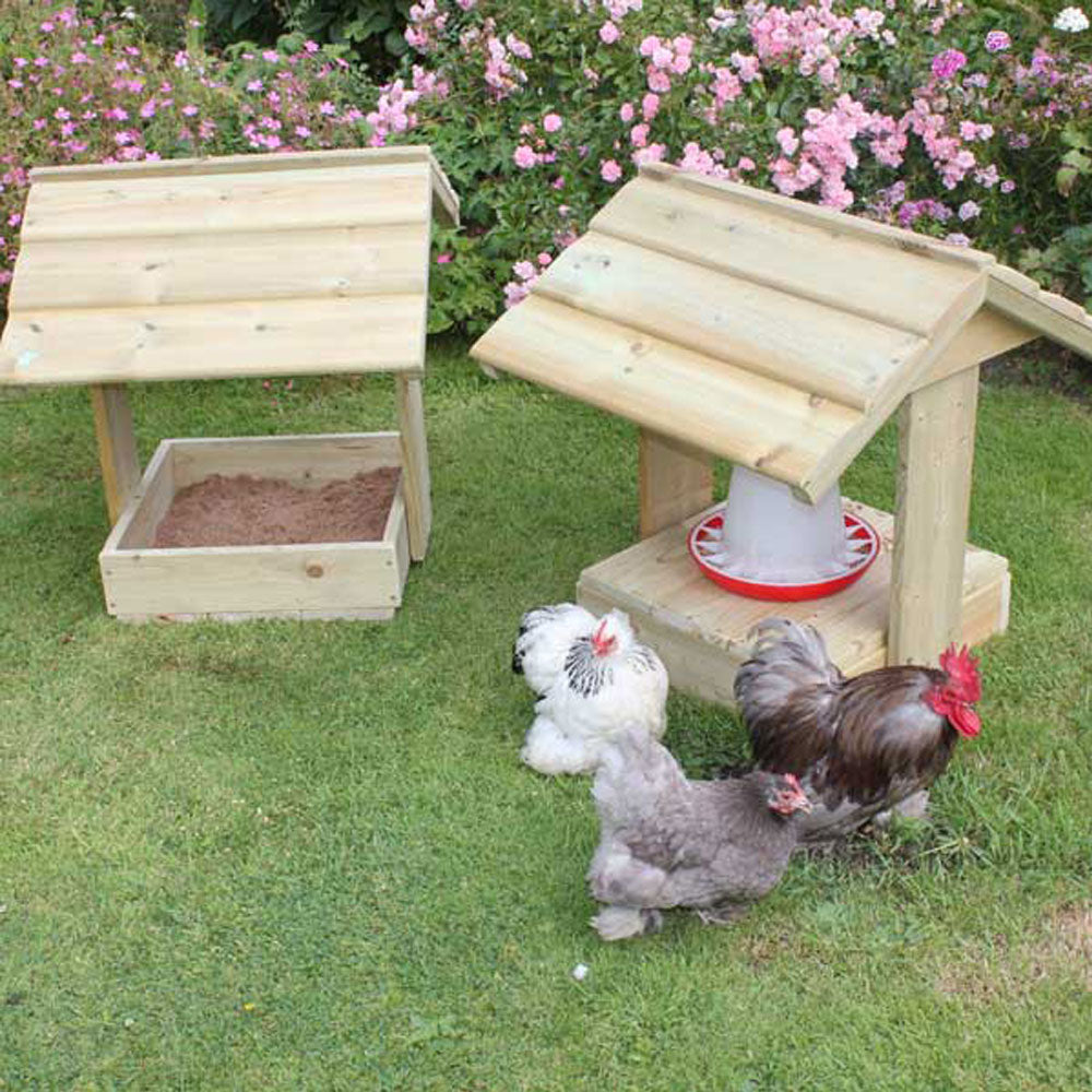 Overview Chicken Dustbath and Feeder Shelter (with Pekins)