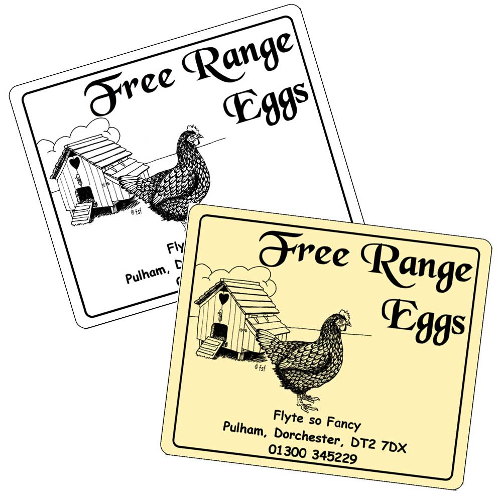 Free Range Eggs Labels for Egg Boxes, with henhouse, 2 colours