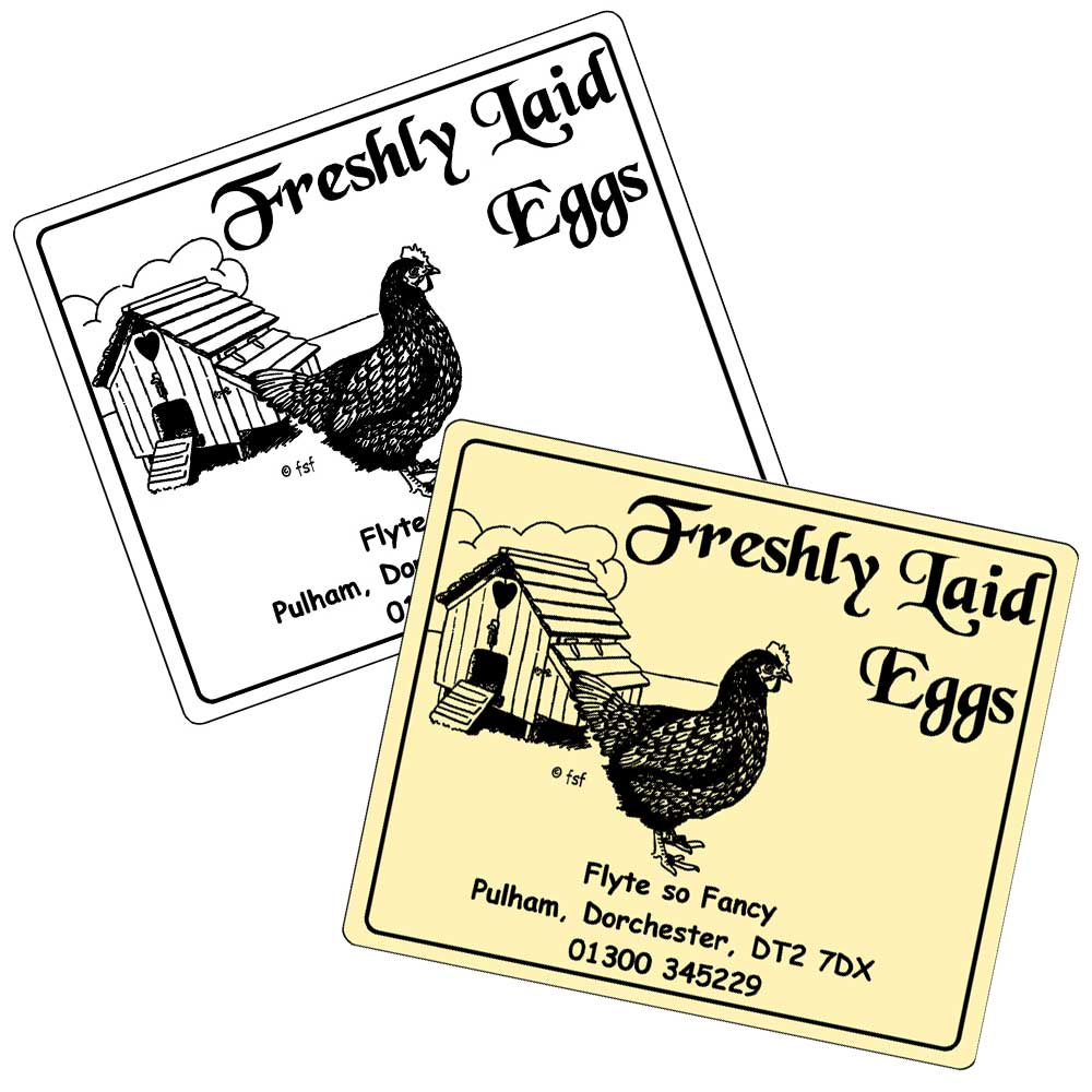 Freshly Laid Eggs Label with henhouse, in 2 colours