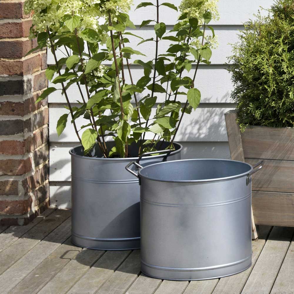 Galvanised Metal Planters, set of 2