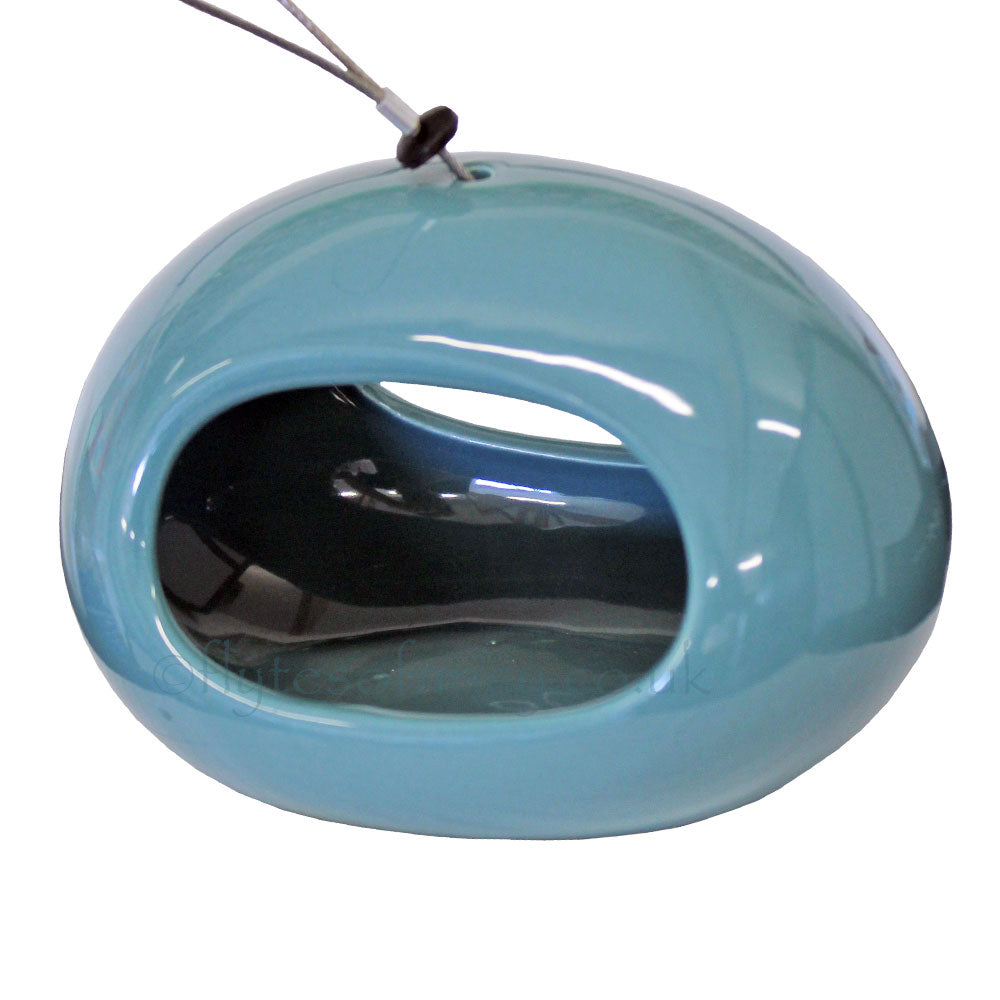 Close up of Selo Hanging Blue Ceramic Water Dish