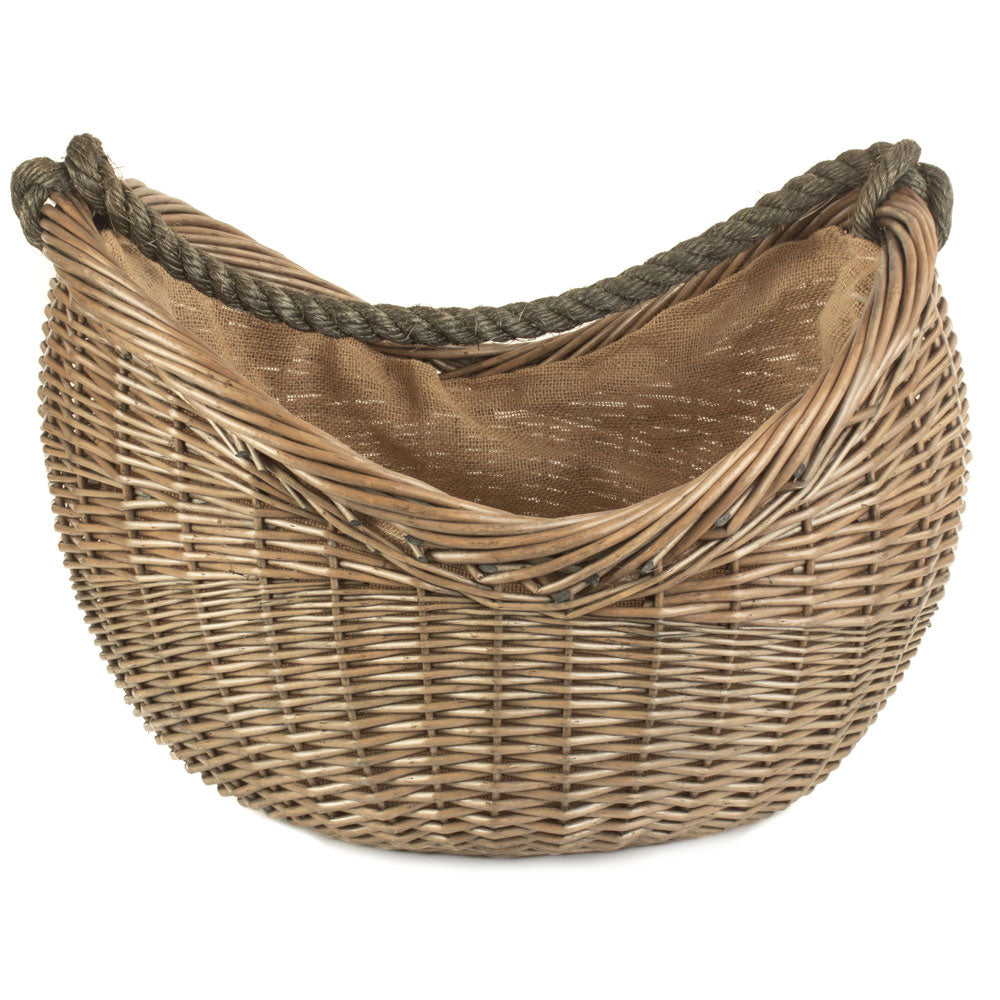 Scooped Willow Lined Carrying Basket with Rope Handle