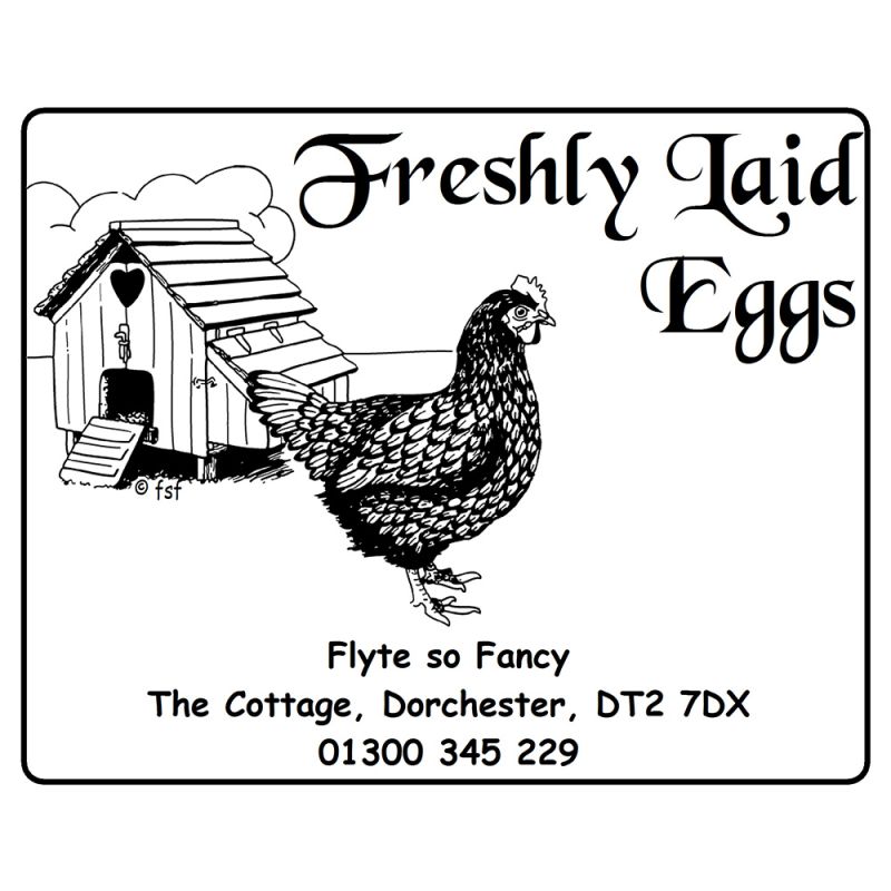 White Freshly Laid Eggs Label with henhouse