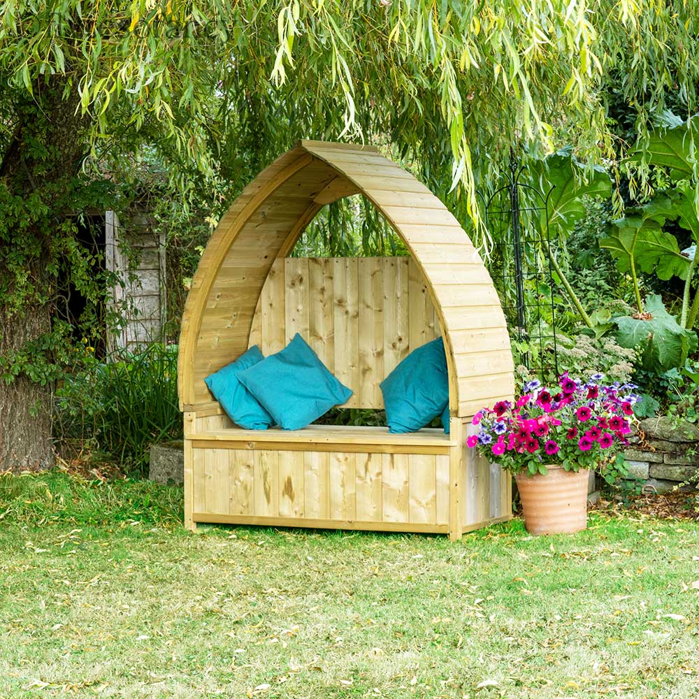 Arched Garden Arbour with Storage Seat and bright cushions